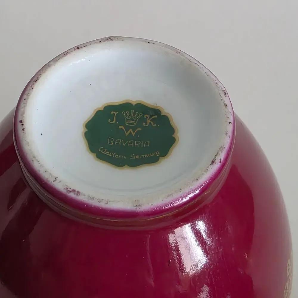 J.K.W Bavaria Western Germany Porcelain Vase Burgundy Gold Floral 5